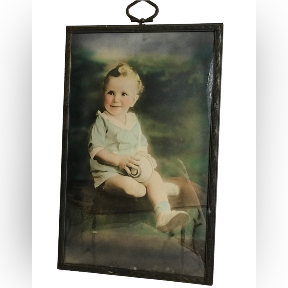 Antique Baby Photo Convex Bubble Glass Frame 10.5 X 16.5” Rectangle Colorized